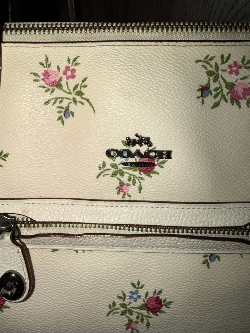 Coach Cream Floral Pebble Leather Tote with Brown Straps